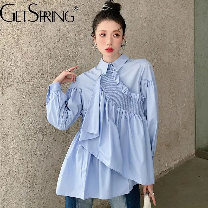 

GetSpring Women Shirt Early Autumn Long Sleeve Loose Irregular Ladies Blouse Solid Fashion Loose Casual Female Tops 2022 New