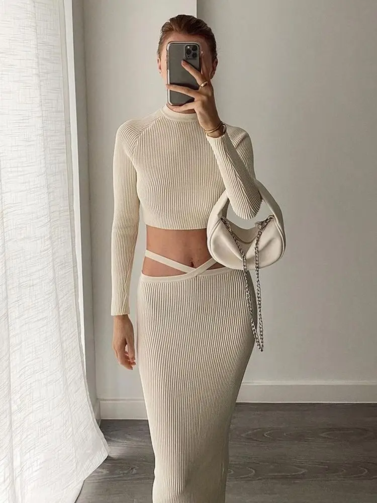 Элегантный Однотонный женский комплект из двух предметов юбка-макси и