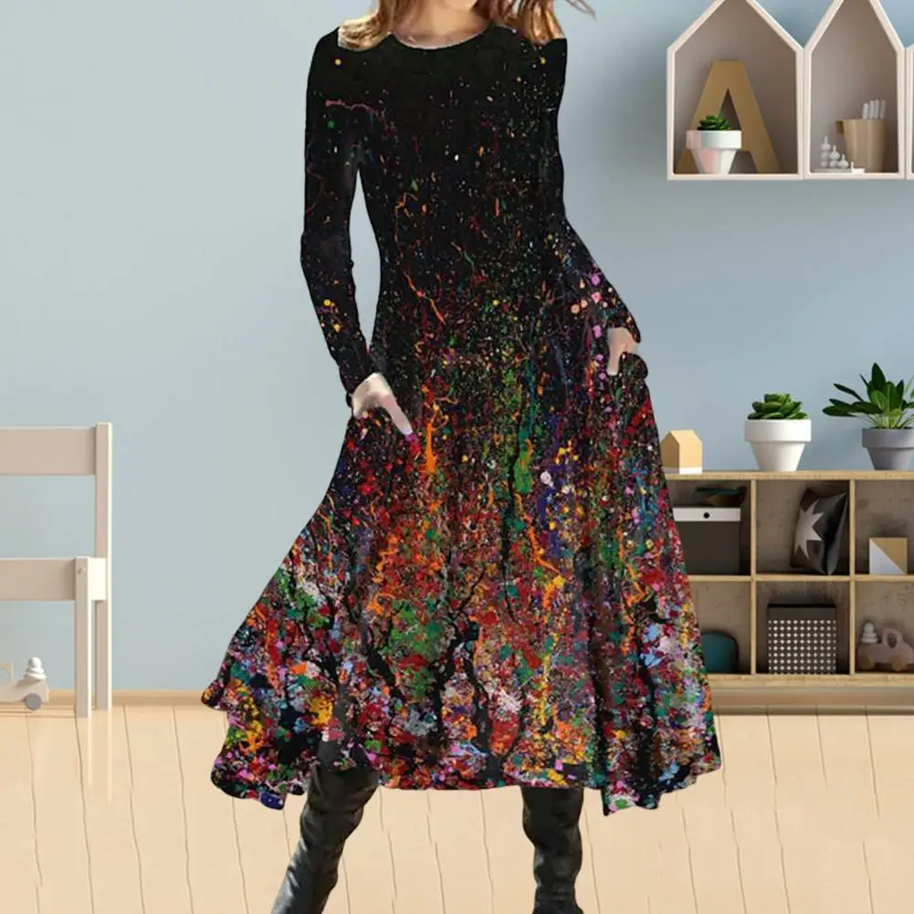 

Ladies Dress Crew Neck Women Midi Dress Large Hem Mid-Calf Dress