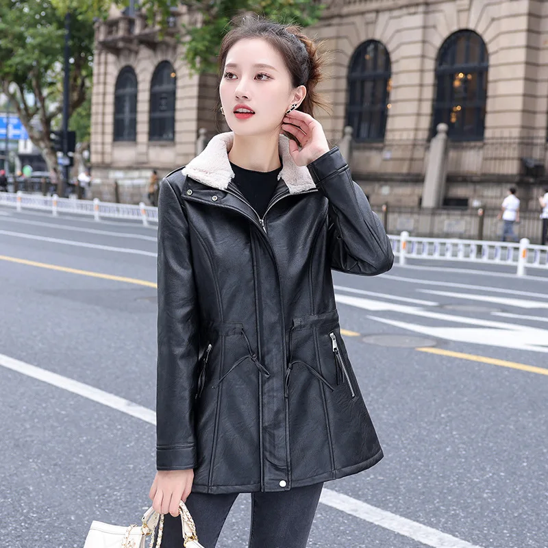 PU Leather Clothing Slim Fit Slimming Berber Fleece Coat Mid-Length Casual Women's Clothing enlarge