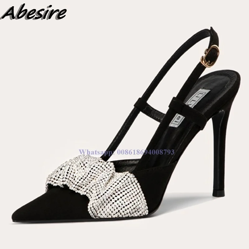 

New Black Pumps Cut Heel Crystal Sandals Stilettos Pumps Back Strap Thin High Heels Women Shoes Spring Summer Fashion Sandals