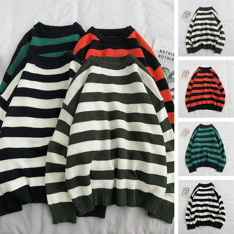 

Fashion Pullover Red And Black Stripe Knitted Sweater Men Women's Autumn Winter Round Neck Casual Trend Clothing Plus Size
