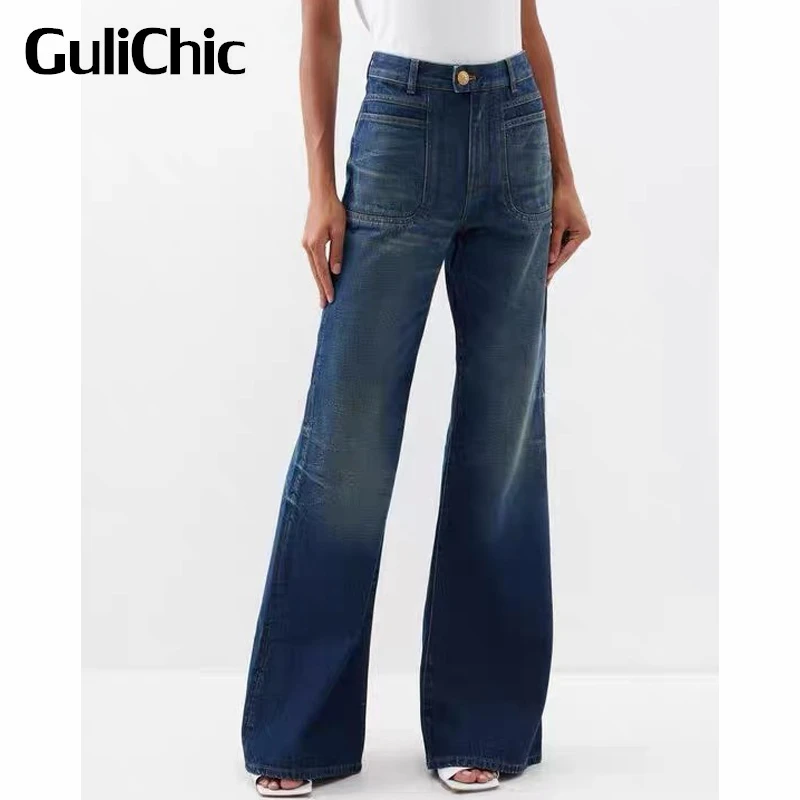 

9.13 GuliChic Women Vintage Washed Bleached Denim Button Pocket Decoration Casual High Waist Flared Jeans