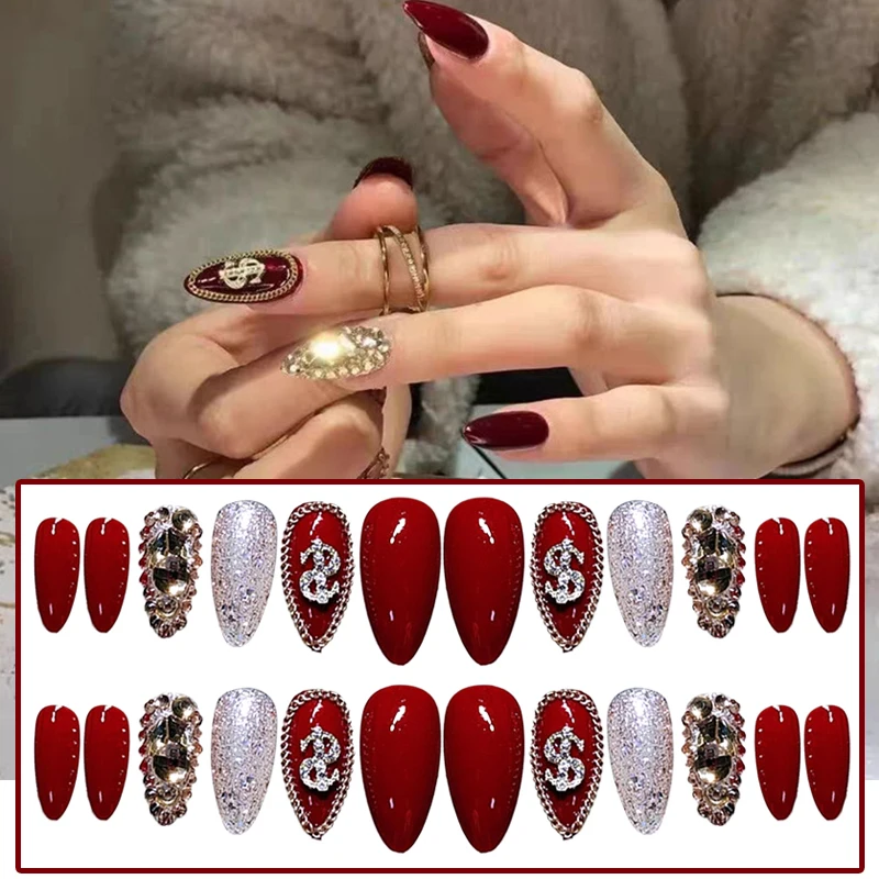 

24pcs Red Chain Artificial Nails With Designs Long Stiletto False Nails Full Diamond Sweet Style Fake Nails Press On For Girls