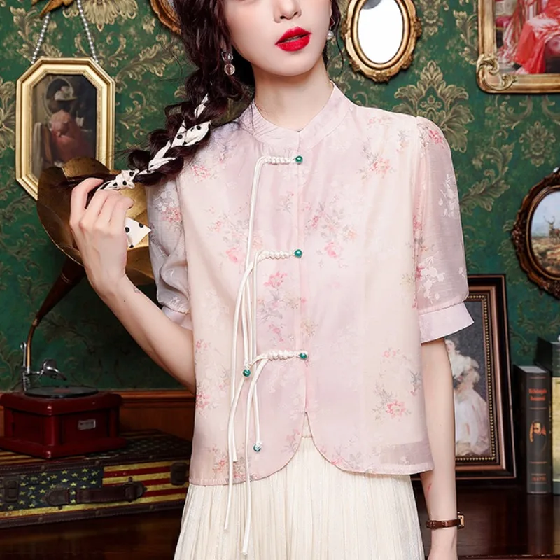 New Chinese Floral Shirts Women Summer 2024 National Sle Buckle Retro Loose Slimming Temperament Short Top