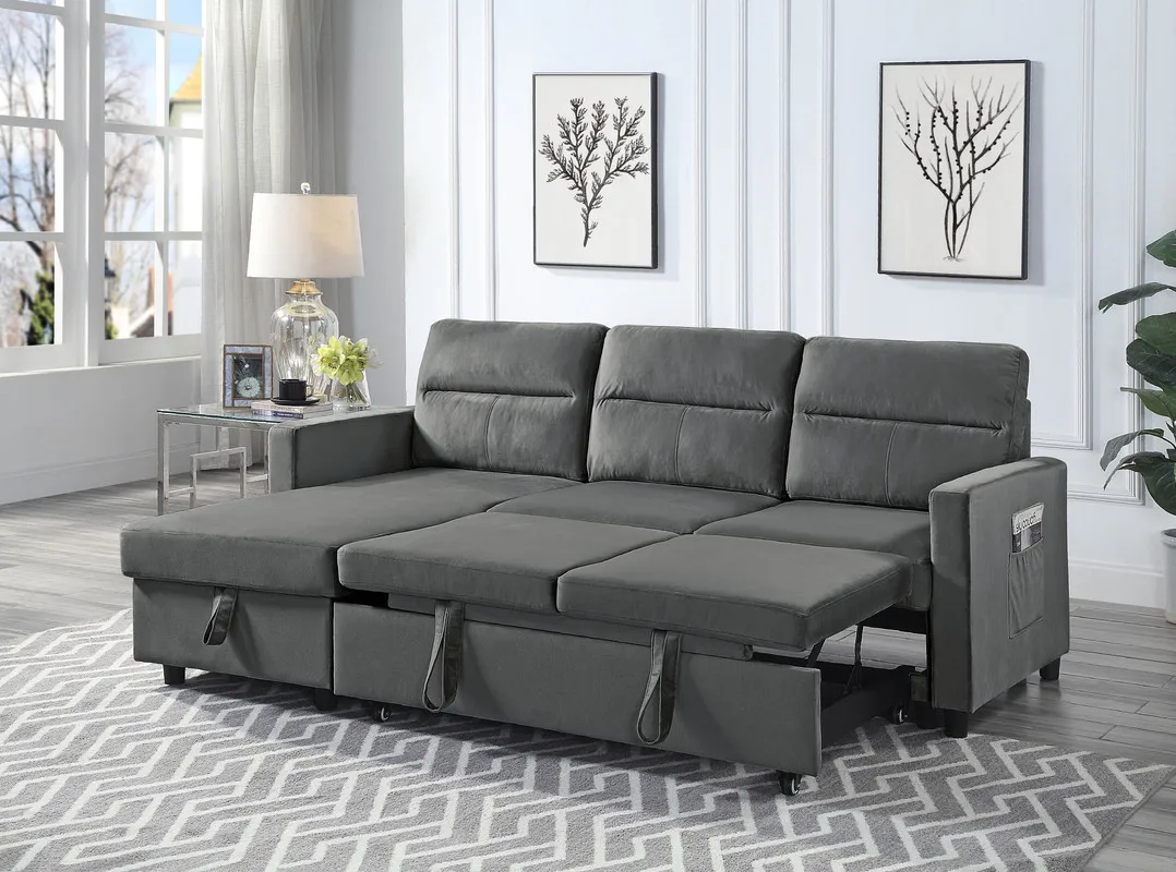 

Ivy Dark Gray Velvet Reversible Sleeper Sectional Sofa with Storage Chaise and Side Pocket