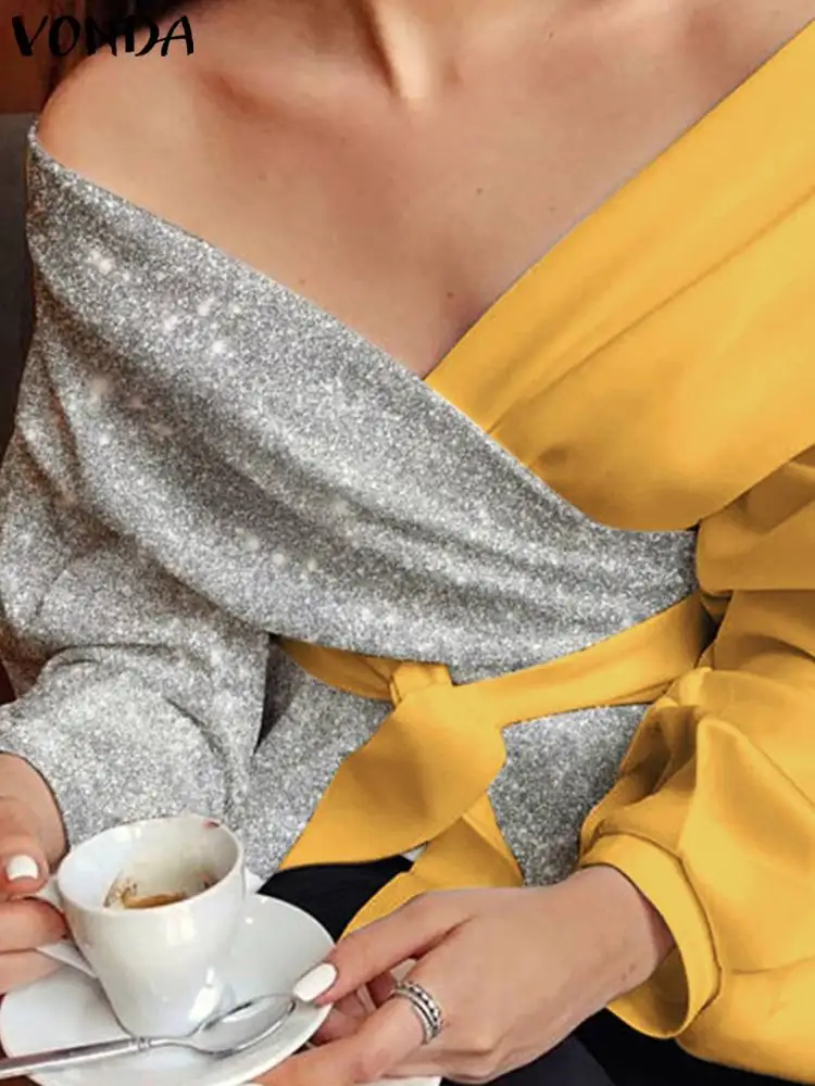 

VONDA Elegant Femme Pleated Color Patchwork Tops Party Blusas Oversize Long Sleeve Blouse Women Deep V Neck Off Shoulder Chemise
