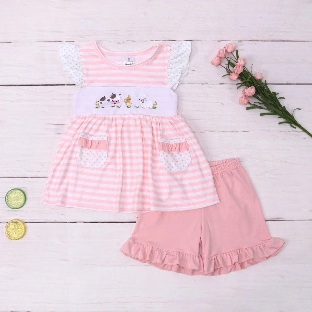 

Baby Girl Clothes Set 2pcs Cotton Suit Animal Embroidery Bodysuit Babi Pink Stripes T-shirt Toddler Bebe Outfits 1-8T Shorts