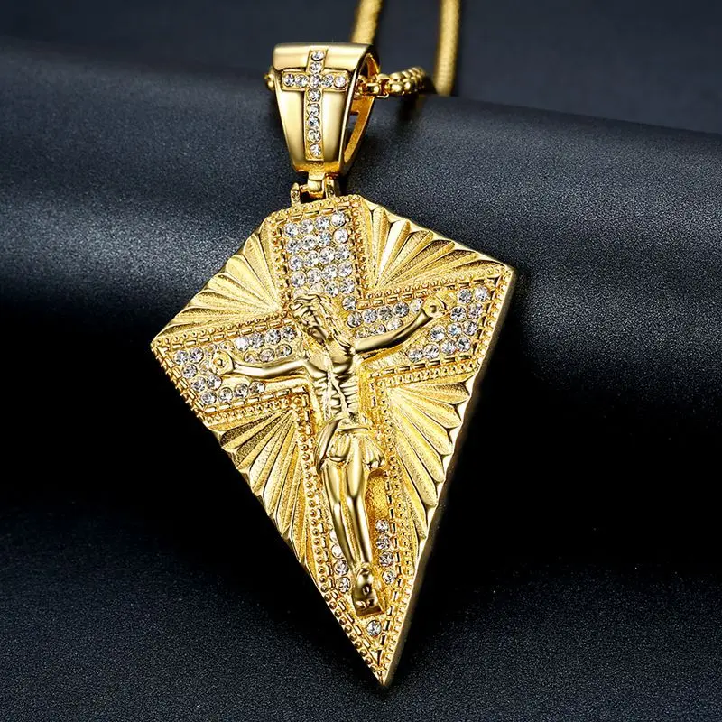 

Christianity Jesus Cross Pattern Men's Necklace Pendant Inlaid Rhinestone Men's Necklace Religious Jewelry Accessories New