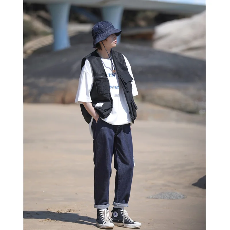 Streetwear Men 2022 New Pattern Recreational Navy Blue Broad Leg Pants Straight Cylinder Comfortable Loose Jeans Autumn Female