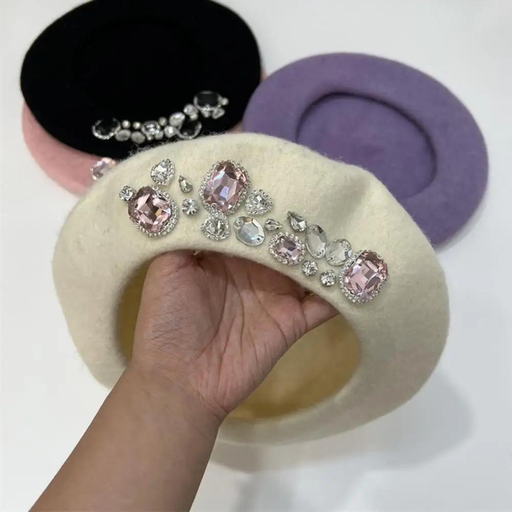 

Female Popular Luxury Rhinestone Women Painter Hat Beanie Cap One Size Lady Beret Thick Hair Accessories