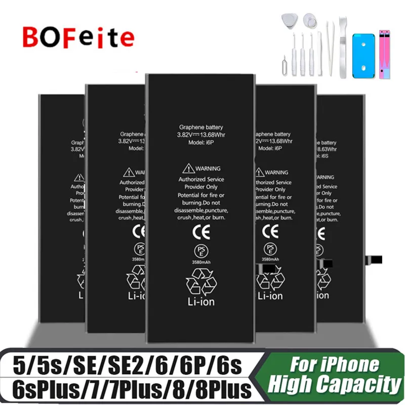 BoFeite 100% NEW phone battery for iphone 5 5s 6 6s 6p 6sp 7 7p 8p SE battery for iphone all models 0 Cycle enlarge