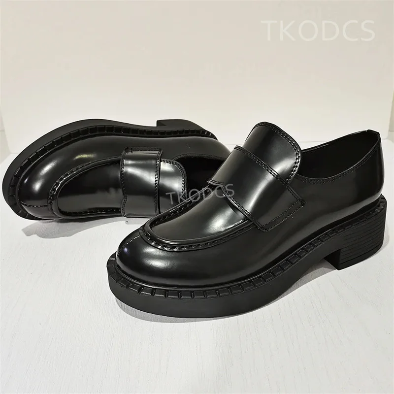 

British Style Flat Thick Bottom Oxfords Shoes Women Genuine Leather Round Toe Platform Single Shoes Fashion Deep Mouth Loafers
