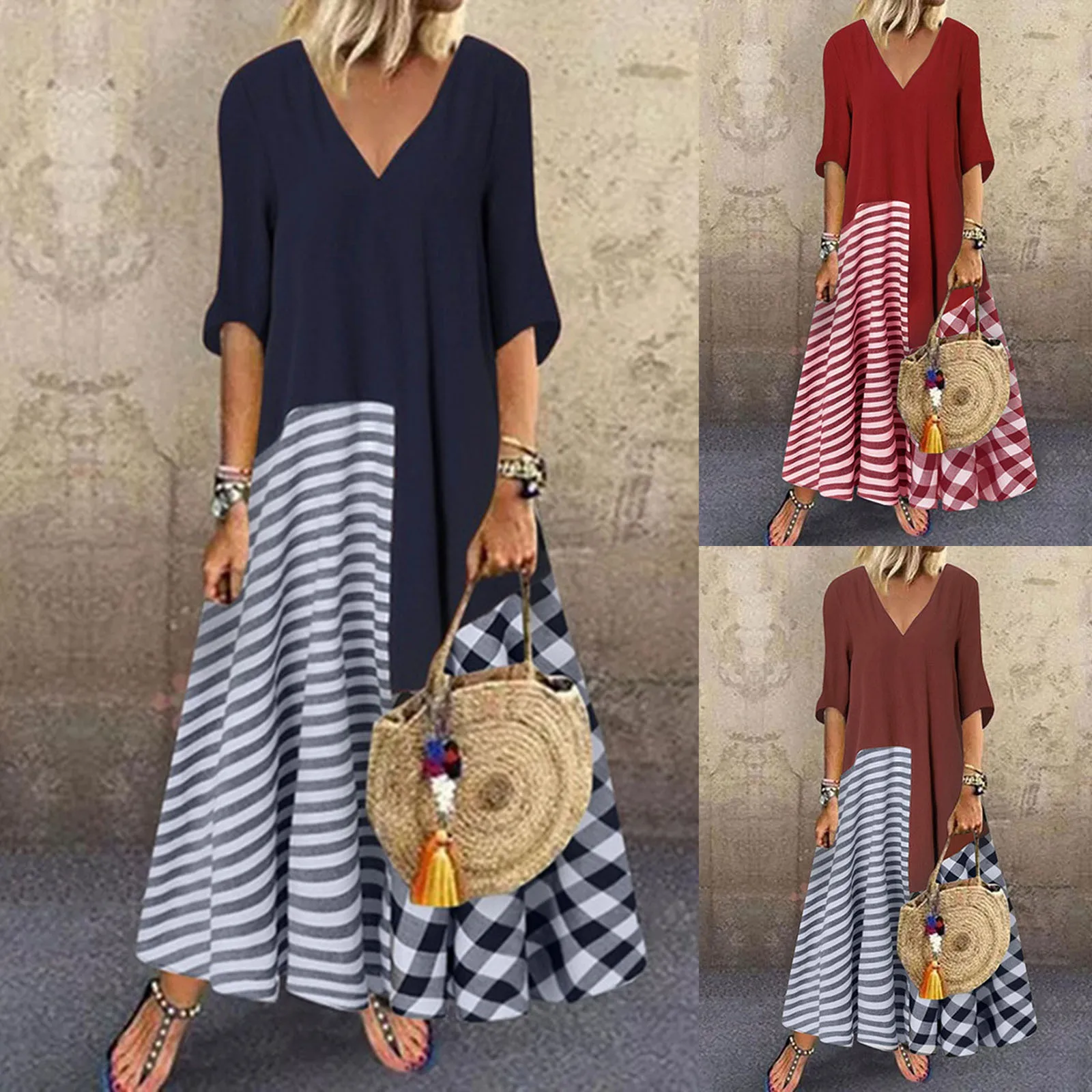 

Женское платье с длинным рукавом и V-образным вырезом, повседневное летнее Полосатое лоскутное длинное платье с принтом, короткие и зеленые ...