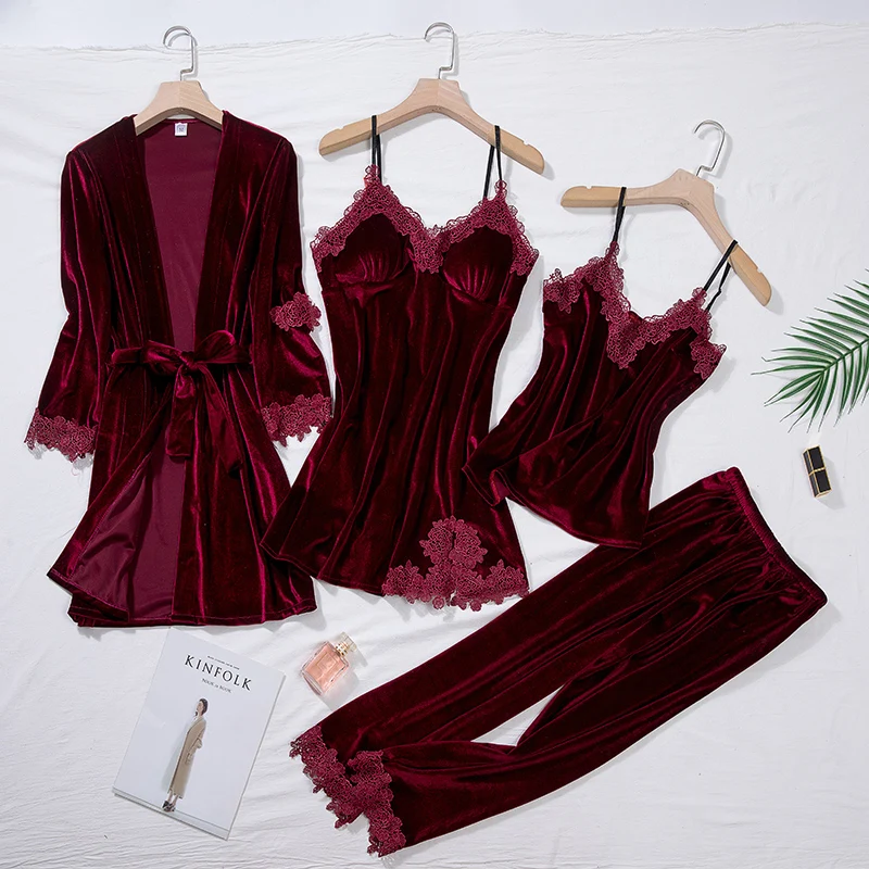 

Sleepwear 4PCS Lady Burgundy Bathrobe Kimono Robe Pajama Velvet Nightgown Lace Winter Gown Folwer Women Velour Warm Set Suit