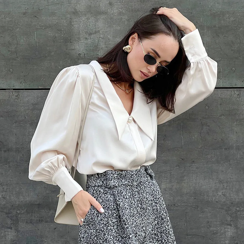 

Long Sleeve Blouses Fashion Vintage V-Neck Silk Blouse Office Solid Satin Shirt Top Loose Casual High Quality Casual Blusa 24316