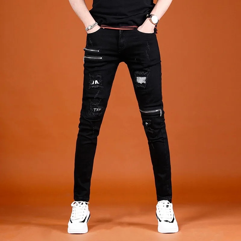 Black Jeans Men Fashion Zipper Ripped Patch Jean Streetwear Casual Cotton Slim Fit Denim Pants
