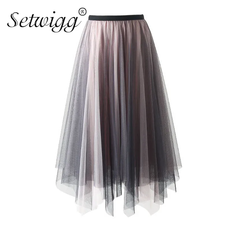 

SETWIGG Spring Spliced Tulle Contrast Color Asymmetric A-line Long Skirts Korean Elastic Waisted Layered Mesh High Low Skirts