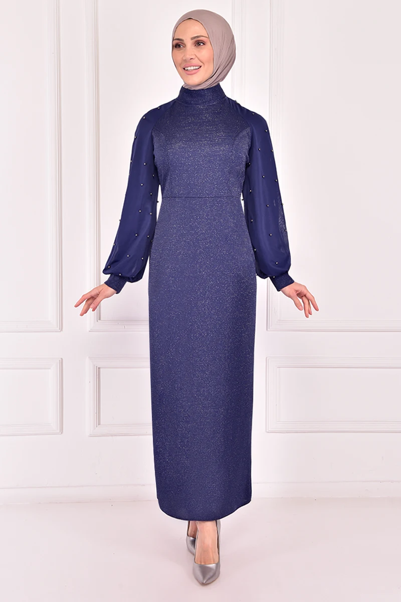 Серебристое платье с жемчугом цвета индиго ASM2470