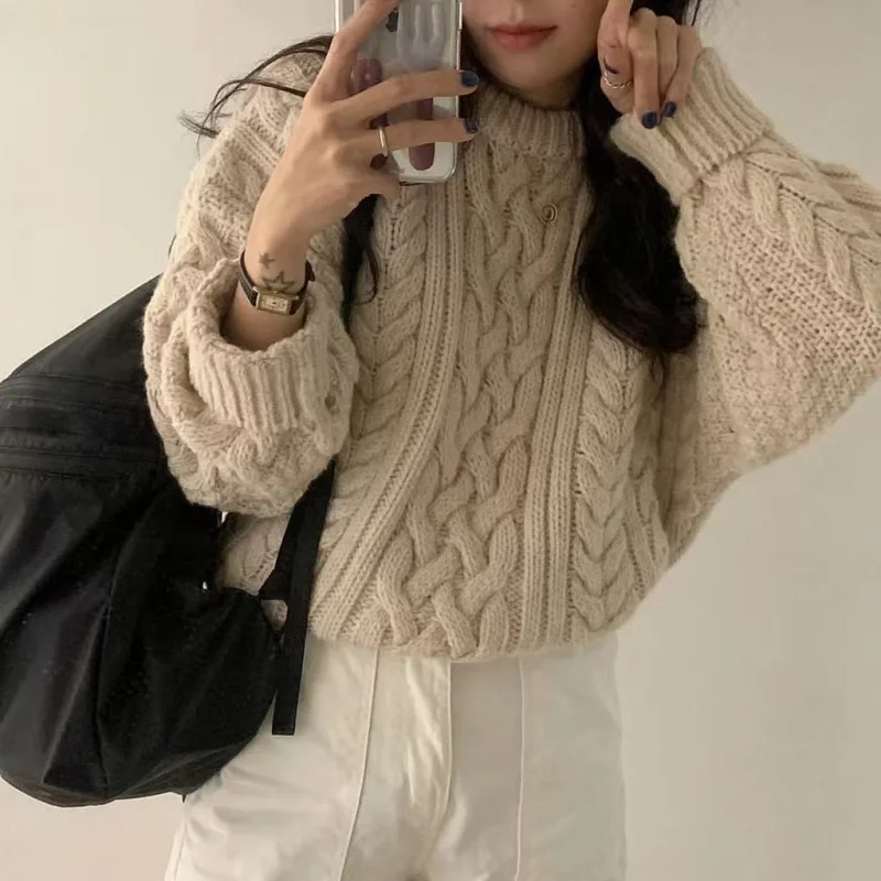 Винтажный вязаный свитер женский пуловер свободный крой мягкая верхняя одежда