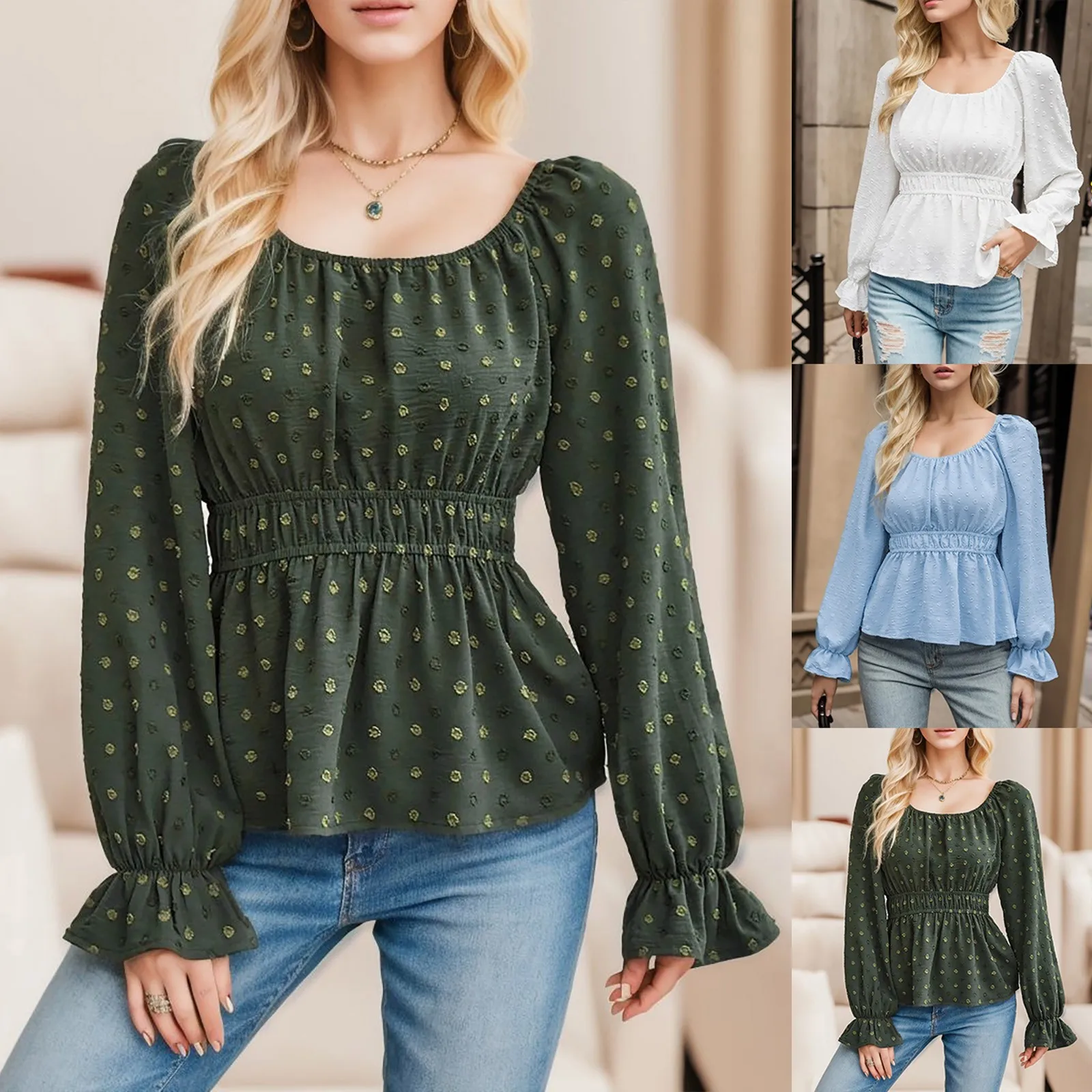

Женская плиссированная блузка с эластичным поясом, элегантные рубашки с рукавами-фонариками, квадратным воротником и поясом, модные элегантные топы в горошек