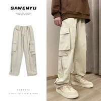 beigeblack cotton cargo pants men fashion pocket casual pants men japanese streetwear loose straight pants mens trousers m 2xl