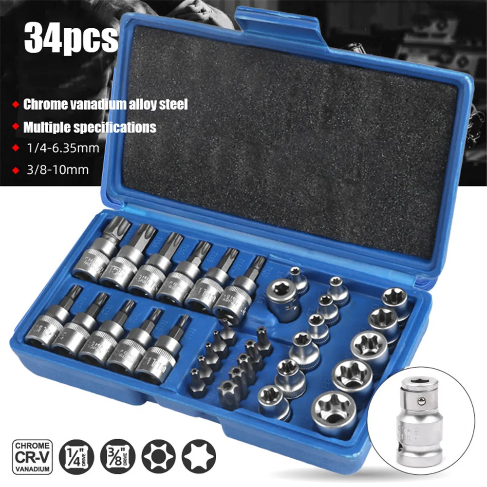 

New 34Pcs Torx Star Sockets & Bit Set E-Security Bits Drive Handheld Tool Torque Star Socket Automotive Repair Combination Set