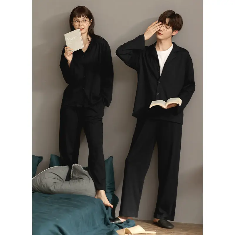 QWEEK Women's Long Sleeve Top Couple Pajamas Solid Color Black Two Piece Set Pijamas Trouser Suits Spring Homewear Home Clothes