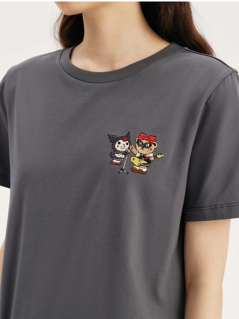 

Embroidery Cartoon Cotton Fabric Women Tees Grey &Black Color Short Sleeves Summer Y2k Aesthetic Tops Clothes T-Shirt