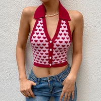 sexy club red heart print cute y2k tank top women backless deep v neck slim halter tops 2021 summer vintage knitted sweater vest