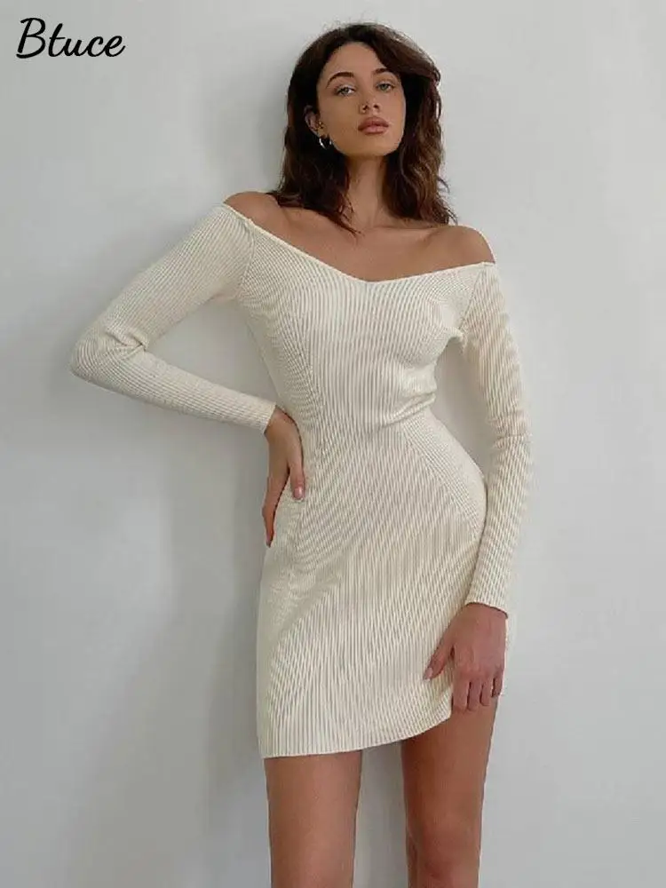 

Женское Короткое трикотажное облегающее платье с открытыми плечами, сексуальное трикотажное мини-платье-свитер с V-образным вырезом, осень ...