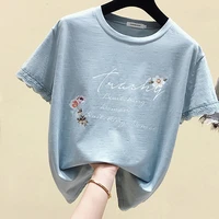 female tops embroidery cotton t shirt women short sleeve o neck korean fashion t shirt summer new casual top mujer tshirts