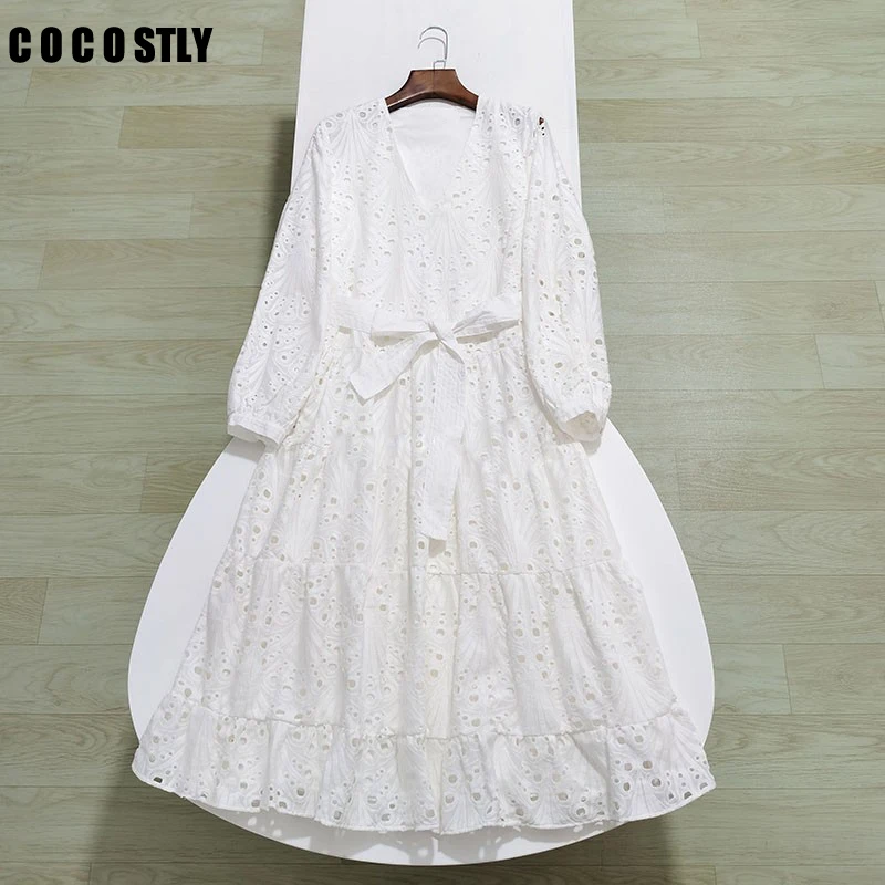 

2022 New Summer Women Embroidery Dresses With Belt Vintage V-neck Elegant Party Long Sleeve Chic Female Casual Midi Dress Robe