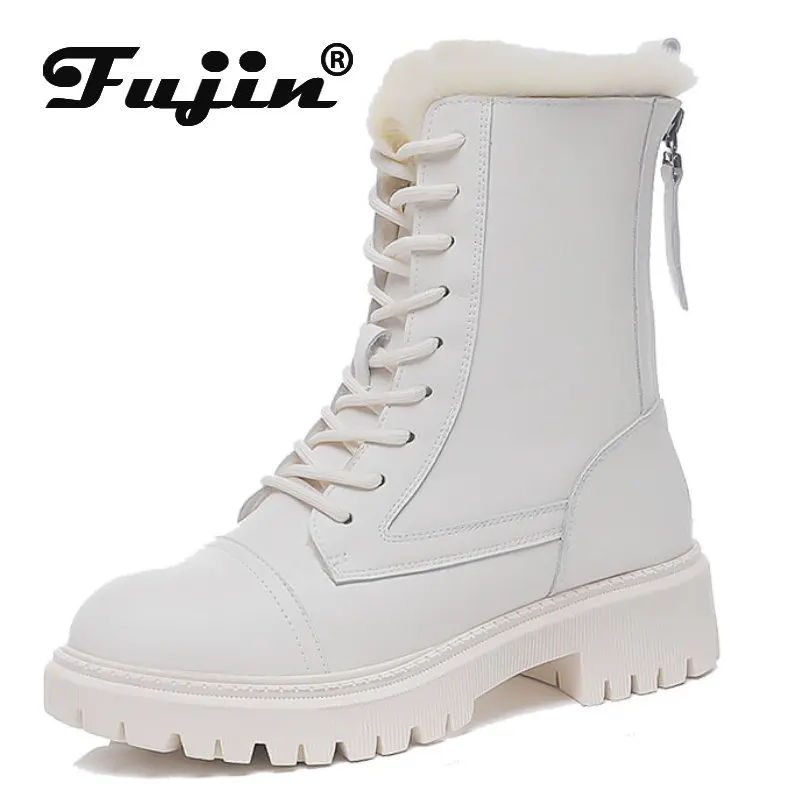 

Fujin 5cm Genuine Lesther Autumn Winter Motorcy Ankle Boots Cross Tied Keep Warm Thick Bottom Lace Up Double Zipper Plush Shoes