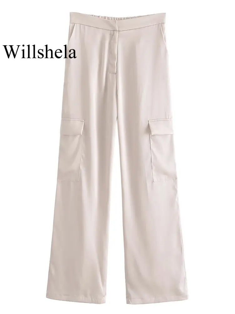 

Willshela/женские модные брюки-карго с карманами, бежевые, на молнии спереди, винтажные, высокая талия, полная длина, женские, шикарные, женские б...