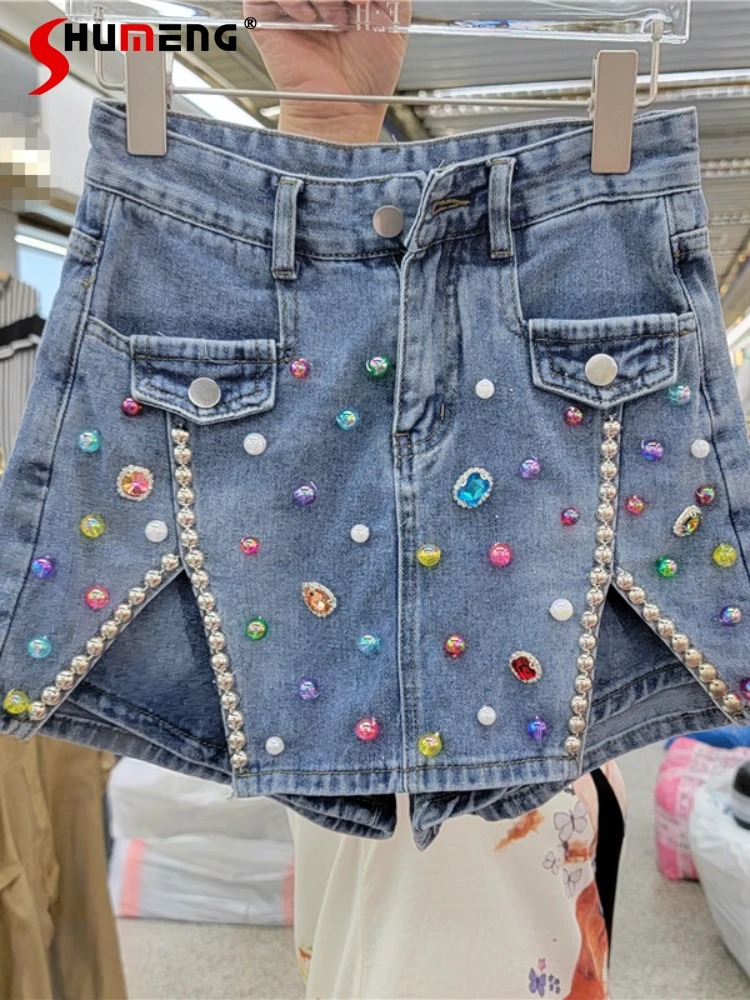 

Woman All-Matching Color Gem Rhinestone Rivet Blue Jean Skirts 2022 Summer New Casual Ladies High Waisted Short Denim Culottes