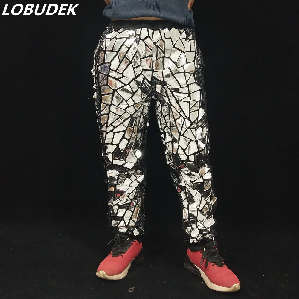 

Men's Glitter Silver Laser Mirror Casual Pants Hip Hop Dancer Stage Performance Shiny Trousers Bar Singer Elastic Harem Pants