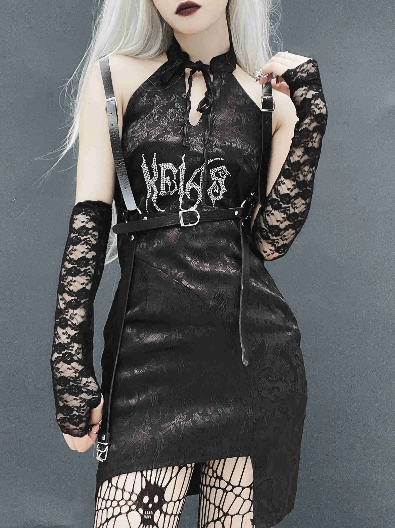 

2022 New Fashion Dark Retro Goth Women Dress Non-sleeve Letter Printing Backless Patchwork Gothic Style Sexy Ladies Dress