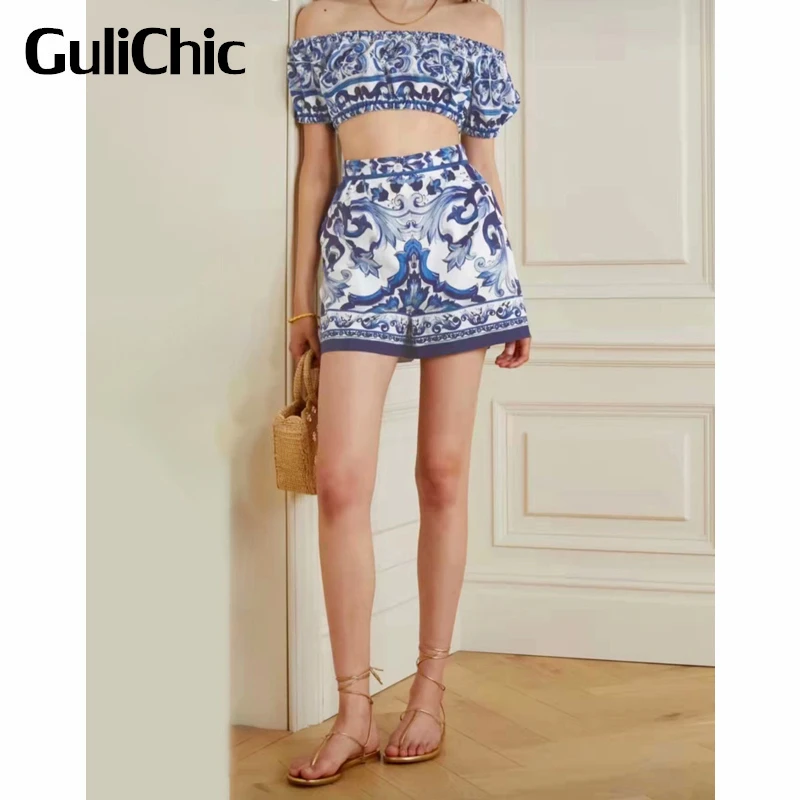 

7,18 GuliChic Женская винтажная Праздничная фарфоровая печать вырез лодочкой короткая блузка или шорты с высокой талией