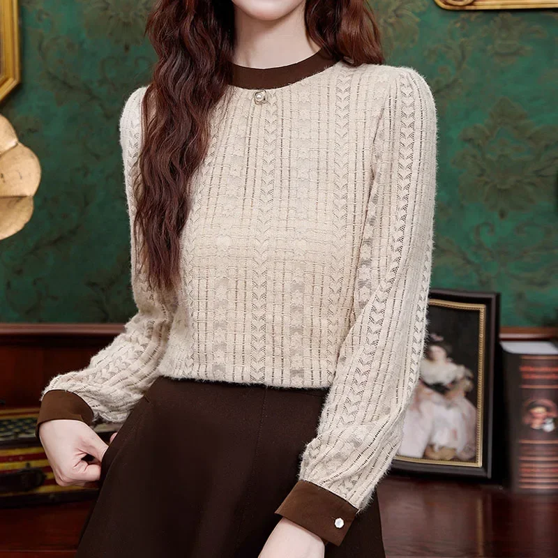 Новая кружевная женская блузка с длинным рукавом и круглым вырезом рубашка