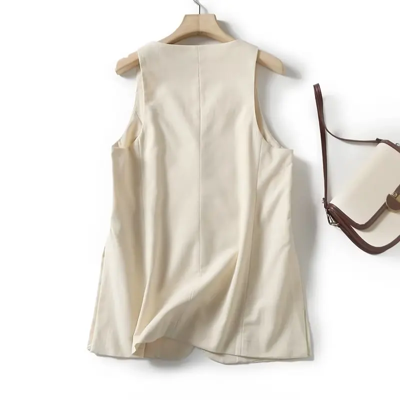 Elmsk French Simple Ladies Single  Vest Fashion Beige Breasted Color Sleeveless Blazers Women Tops