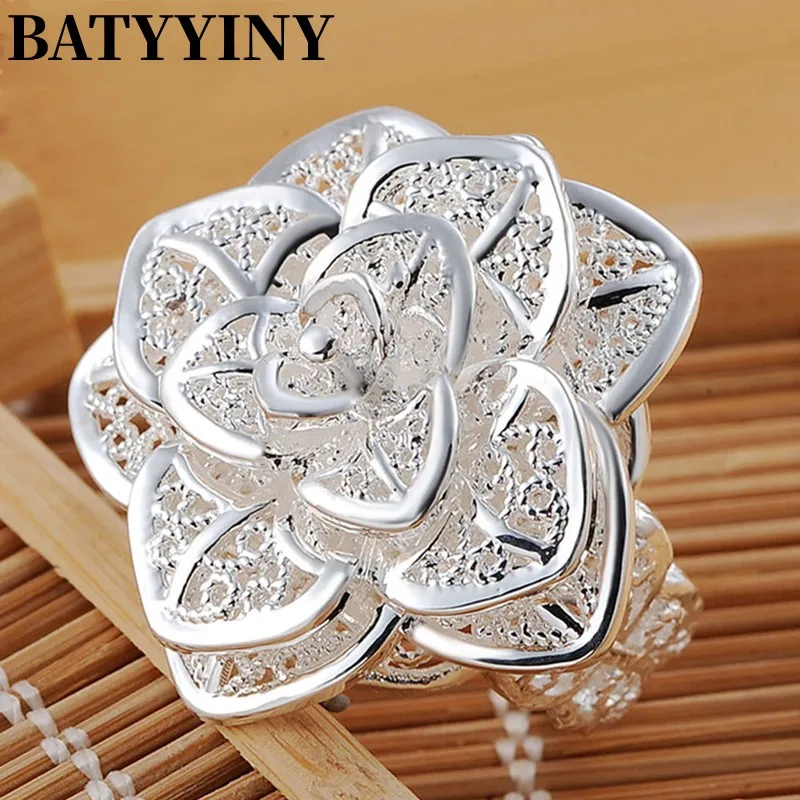 

BATYYINY 925 Sterling Silver Rings Fashion Rose Flower Open Finger Rings For Women Wedding Engagement Party Jewelry Gift