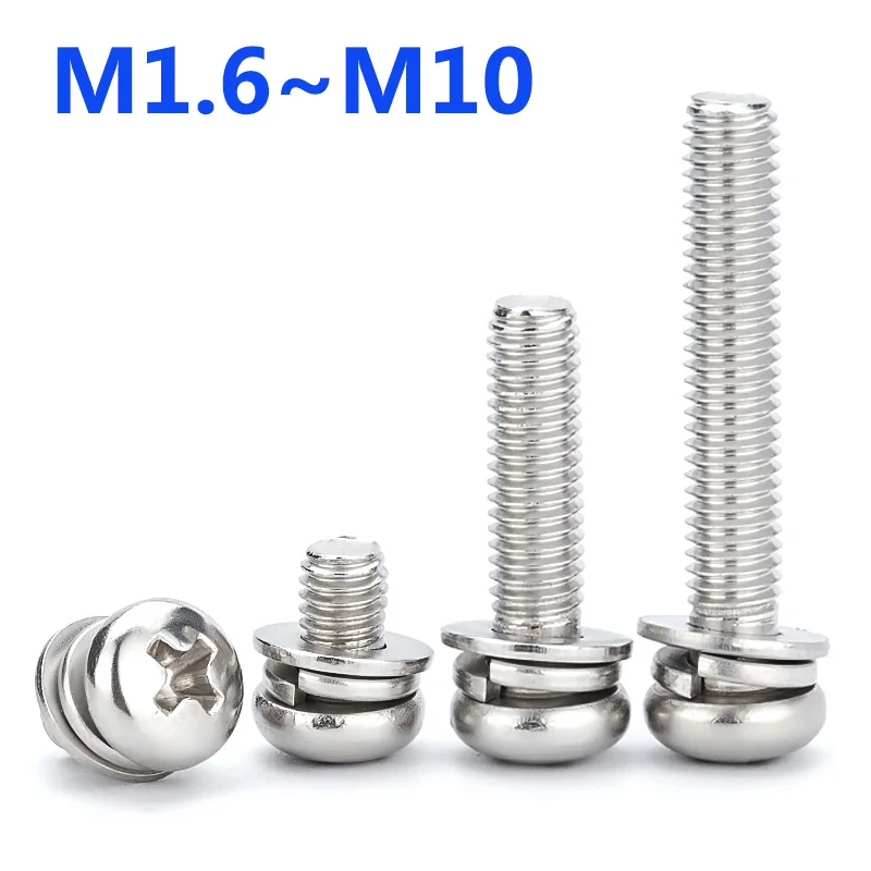 

304 Stainless Steel Pan Head Screw Combination 3 In1 Round Head Phillips Machine Screw with Washer Spring Washer M1.6M2M2.5M3~M8