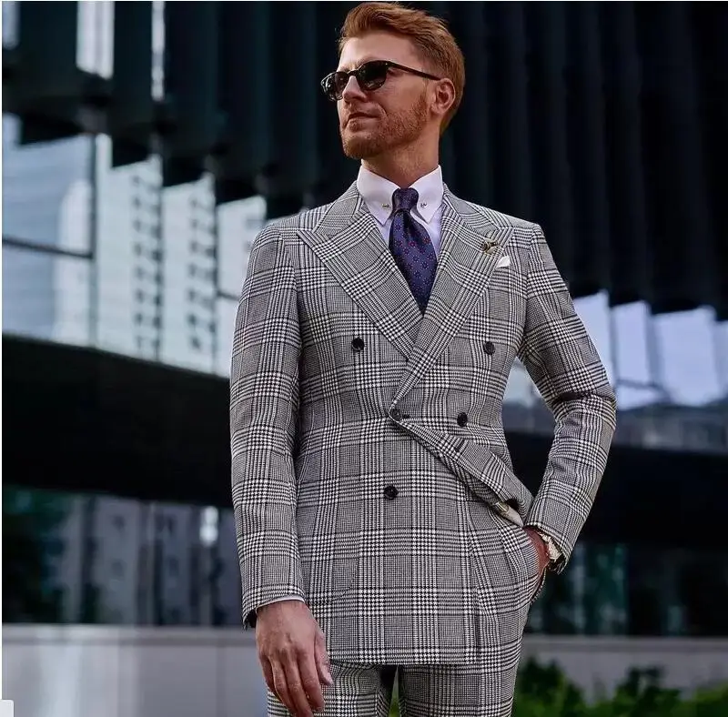 

Custom fashion Plaid wedding suits for men Formal Prom suit man Tuxedo double breasted 2-piece mens Blazer pants lapel slim fit