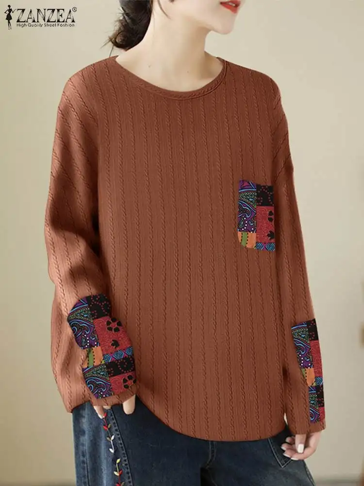 

2023 ZANZEA Autumn Floral Printed Blouse Vintage Women Long Sleeve Patchwork Tunic Tops Oversize Holiday Shirt Femininas Blusas