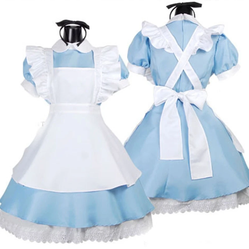 

Womens French Maid Anime Lolita Cosplay Costume Short Puff Sleeve Blue High Waist Ruffled Dress with Apron Halloween Party P8DB