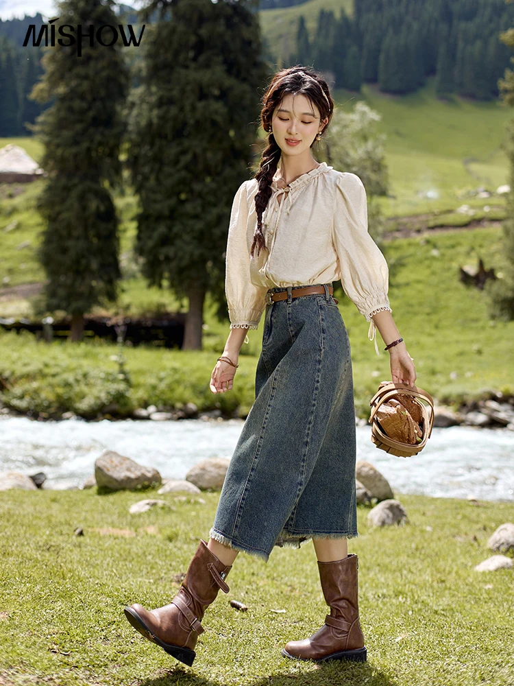 Юбка-миди джинсовая трапециевидная с эффектом потертости в стиле ретро