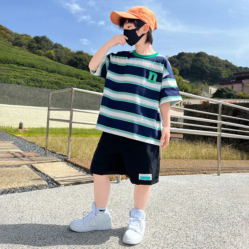 Big Boys Clothes Summer 2022 Sport Outfits T-Shirt+Shorts 2 PCS Kids Striped Print Children Clothing Sets Teen 6 8 9 10 12 14Yrs