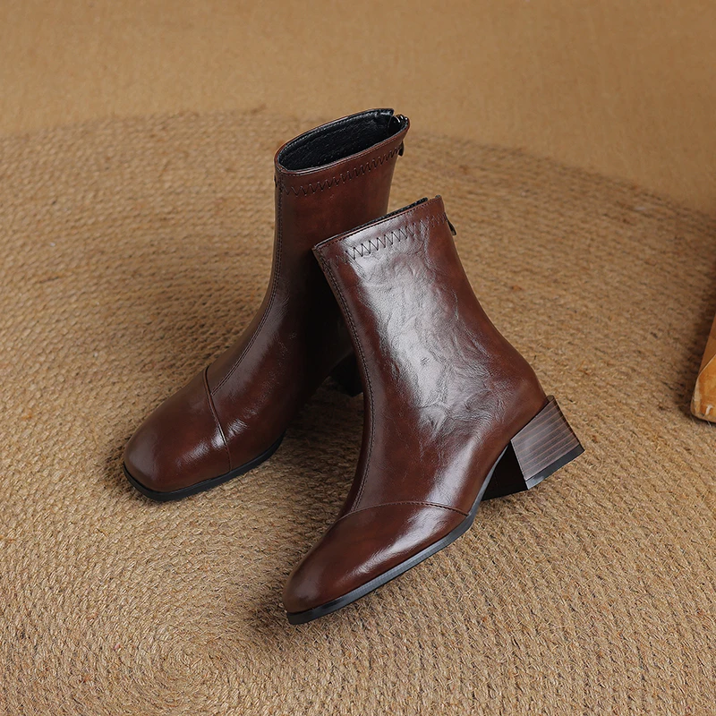 Модные ботинки из плиссированной ткани в стиле ретро пэчворк на толстом каблуке