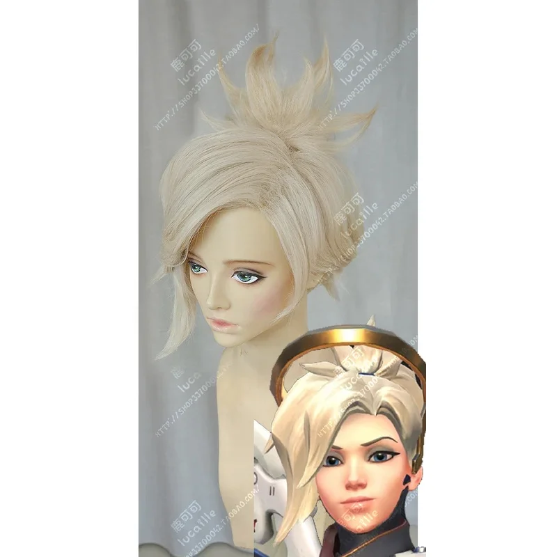 Парик для косплея из короткого льняного светлого конского хвоста Game OW Angela милори